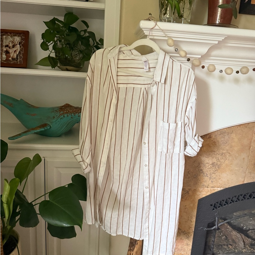 Lightweight Cream Button-Up with Brown Stripes